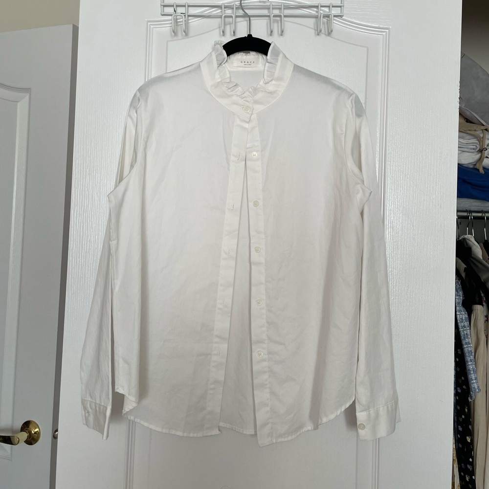 Ruffle Collar White Button Up Dress Shirt